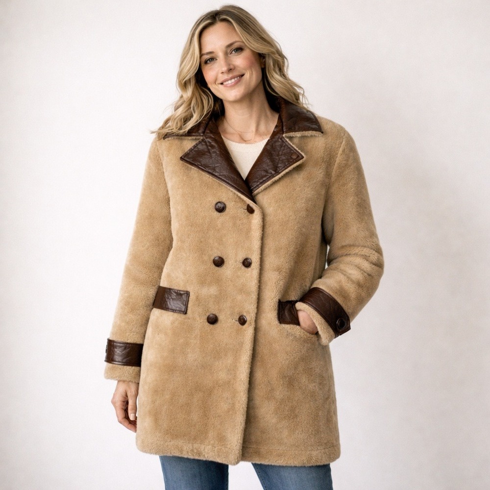 Vintage 60s Canada Faux Fur Midi Peacoat Western Style‎ Large
